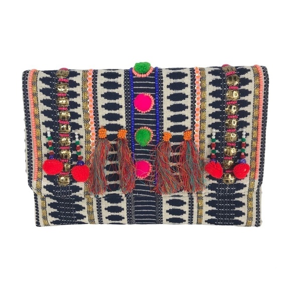 CHARADE Bohemian Pom Pom Clutch w/ Chain Crossbody Multicolor Handbag Purse - Picture 11 of 11
